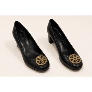 Tory Burch Claire Block Heel Pumps Women 9M Black Excellent Gold Logo Medallion